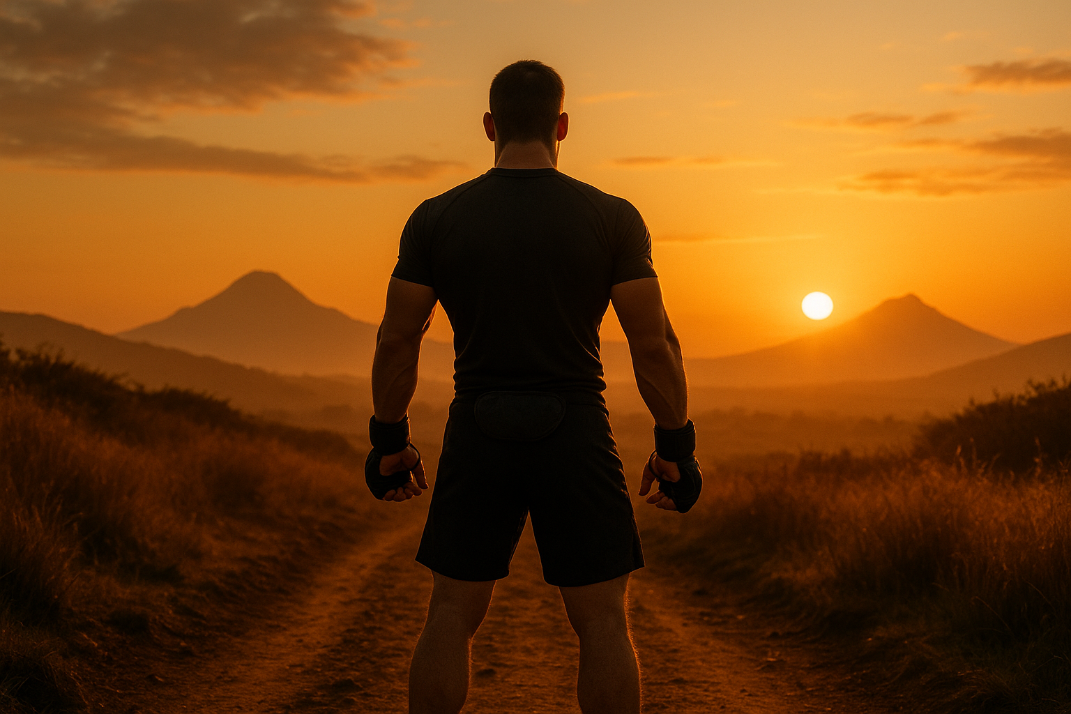Martial artist at sunrise, starting journey, modern MMA gear, misty mountains.