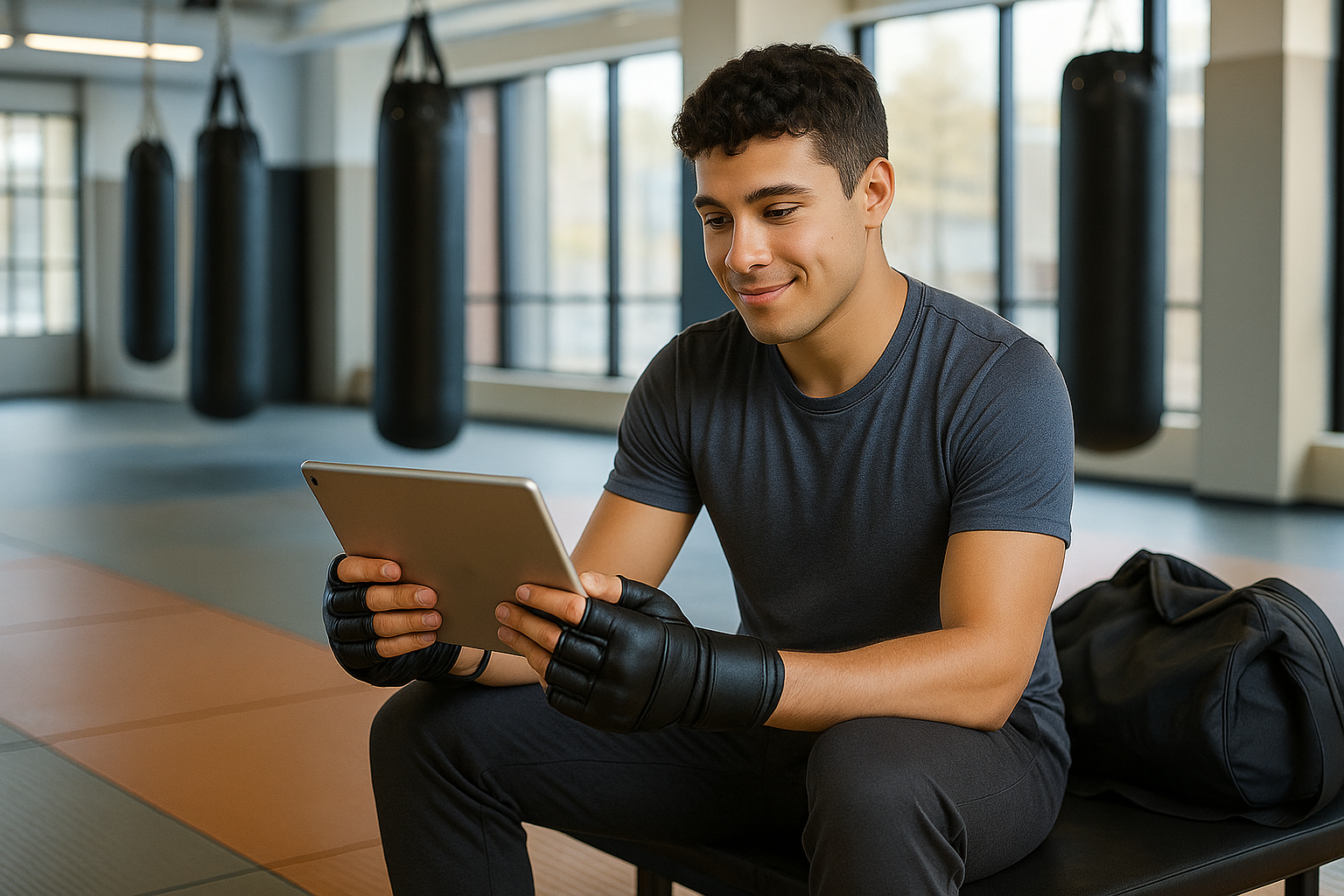 Young man in MMA gym, on bench, taking survey on tablet, gloves and bag nearby, soft lighting.