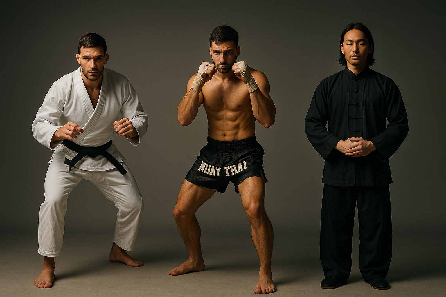 Three martial artists spaced apart, showing BJJ, Muay Thai, or Kung Fu, neutral faces, clean studio background.