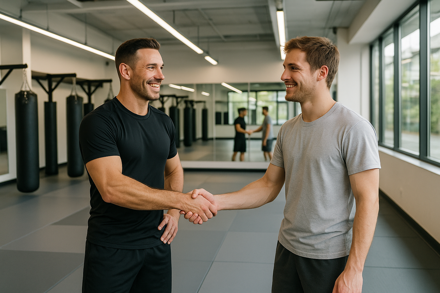 Modern MMA gym interior, coach shakes hands with new member, relaxed, welcoming, sunlit.