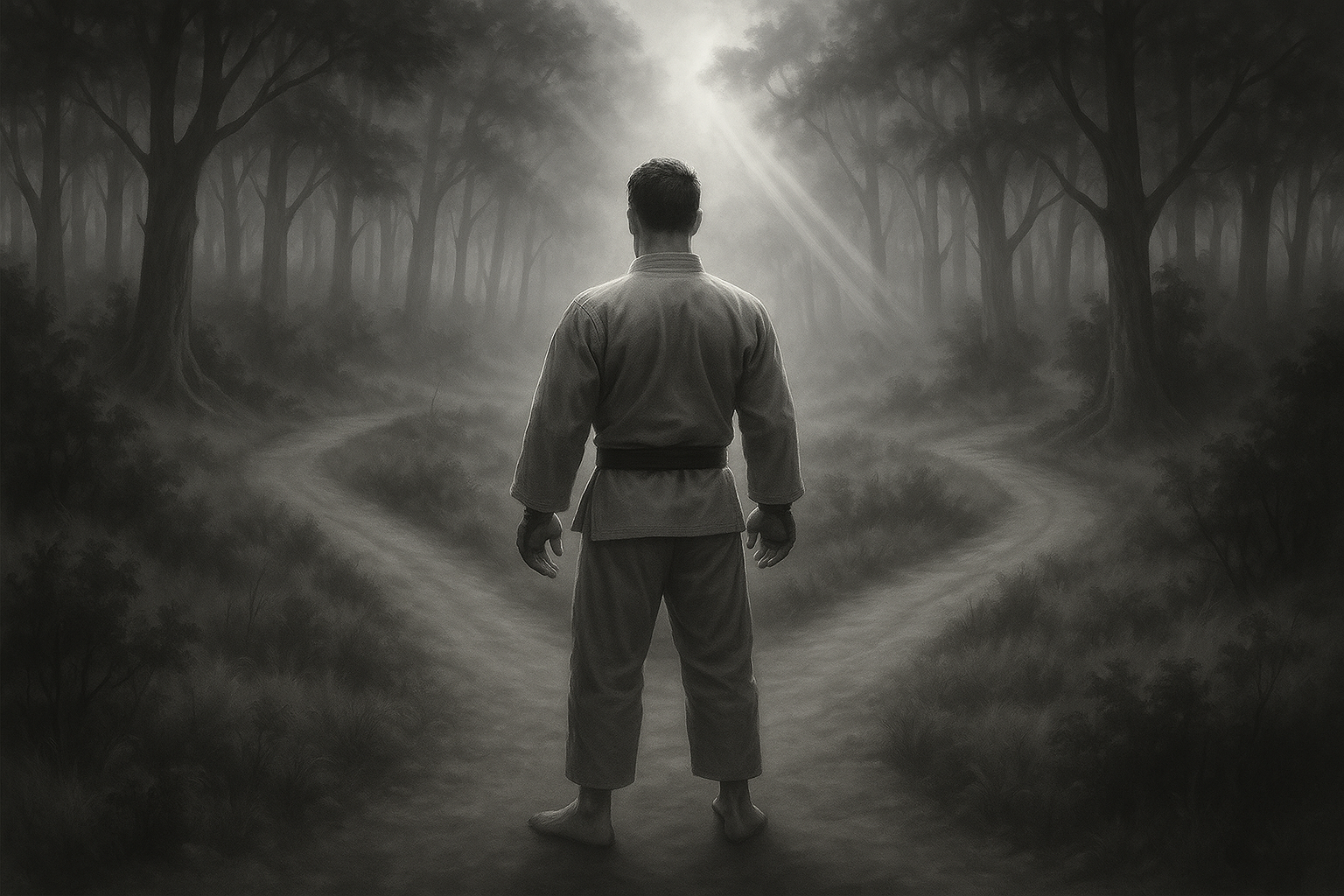 Martial artist at forked, foggy forest trail, MMA gear, contemplative, grayscale, symbolic.
