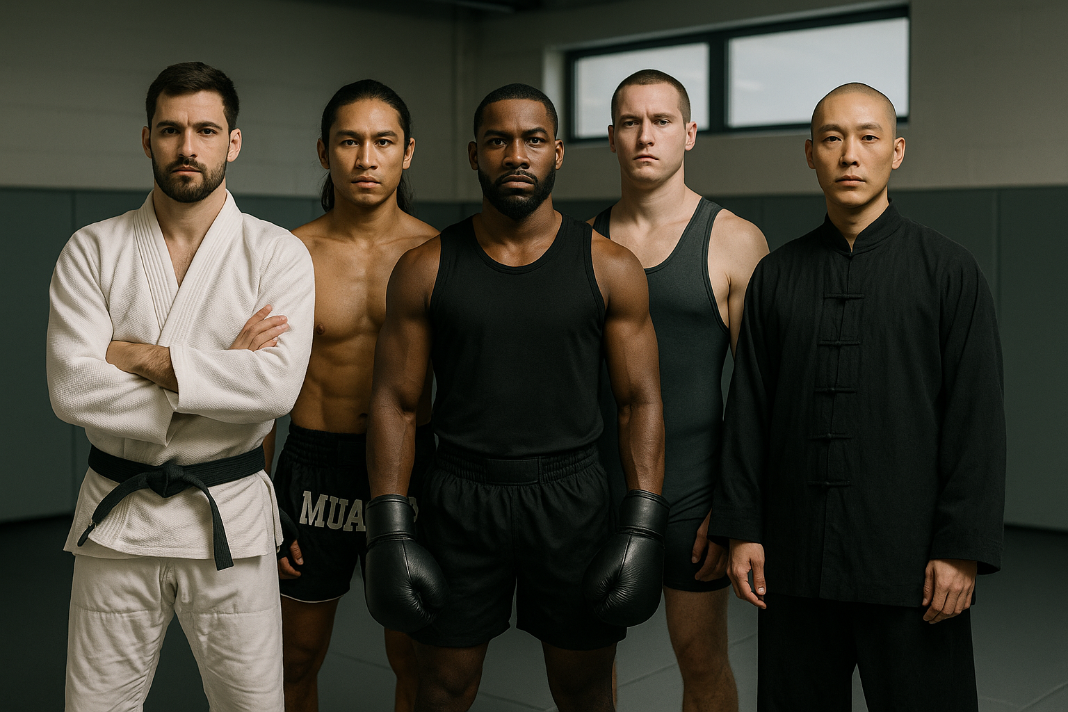 Five male martial artists in formation, each a different style, confident, clean gym, cinematic, natural diversity.